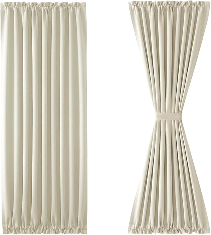 DWCN French Door Curtains – Rod Pocket Thermal Blackout Curtain for Doors with Glass Window, Kitchen and Patio Doors for Privacy, 54 X 72 Inches Long, 1 Curtain Panel with Tieback, Light Beige