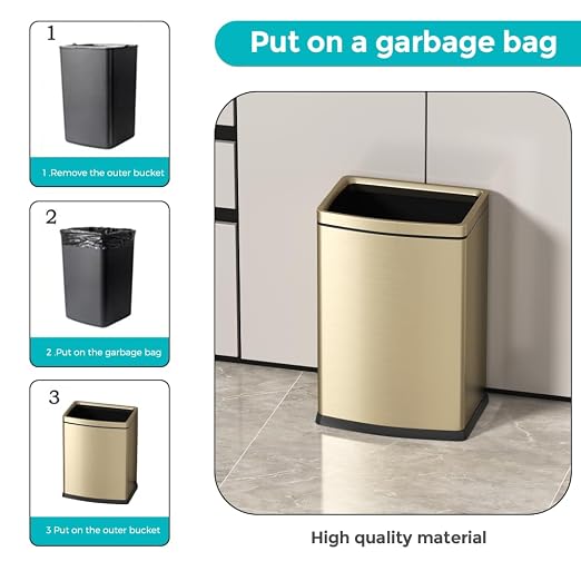 25L Glam Champagne Gold Kitchen Trash Can | 6.6 Gallon, Decorative Kitchen Garbage Bin, Commercial Open Top Wastebasket, For Bathroom Home Hotel Office