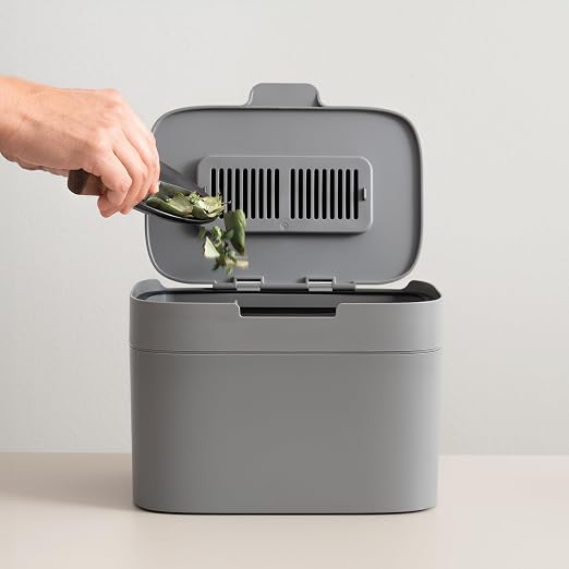 KAZAI. Compost Bin Kitchen 'Elin' | 1.2 GAL / 4.5L Countertop Compost Bin with Lid & Carbon Filter | Odor-Free, Dishwasher Safe, with Inner Bucket | Small Indoor Kitchen Composter | Stone-Gray