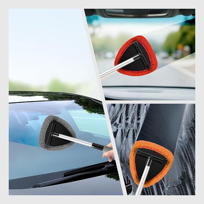 Windshield Cleaning Tool, Car Window Cleaner, Vehicle Window Cleaner with Extendable Handle & 2 Washable Microfiber Pads, Car Interior Glass Wiper Cleaning Kit for Most Vehicles (StyleB)