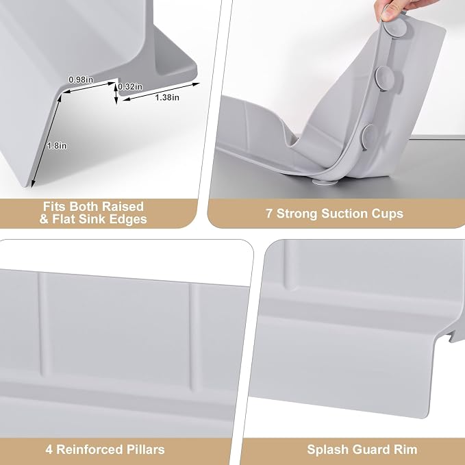 Sink Splash Guard with Suction Cups, 23", Silicone Water Guard for Kitchen & Bathroom, Faucet & Countertop Protector, Easy Install, Dishwasher Safe
