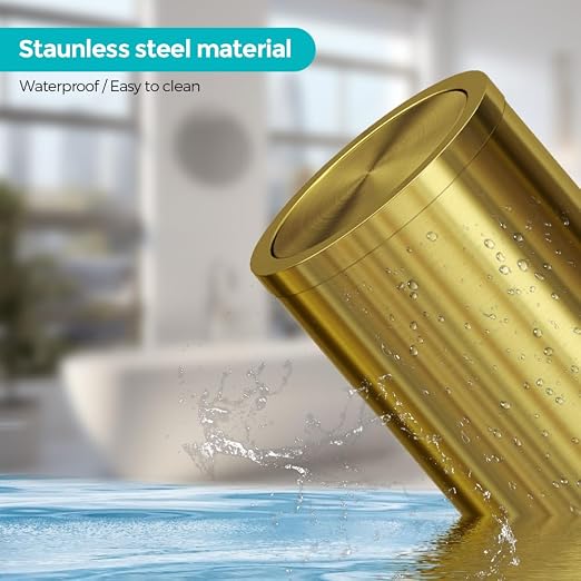 18L Stainless Steel Bathroom Trash Can, Gold, Round | 4.7 Gallon, Swing Lid, Elegant Waste Basket, For Toilet Bathroom Cafe Kitchen Office Hotel Home