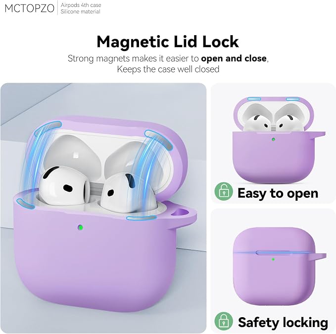 for AirPods 4 Case 2024 with Cleaner Kit & Keychain-Magnetic Purple | Silicone Protective Cover for Apple AirPods 4th Generation Case,for Women Men,One-Piece Design,Shockproof,Dust Proof,Magnetic