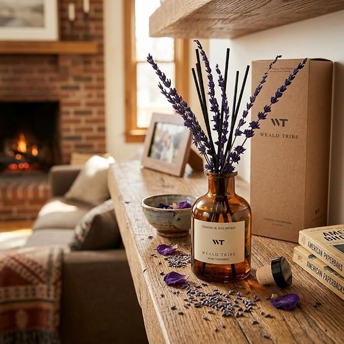 Reed Diffuser Set for Bathroom Air Fresheners Decor | Pure Lavender Scent Oil Diffuser With Flower, 4.0 fl oz Home Fragrance With Sticks Defusers | House Office Shelf Decor