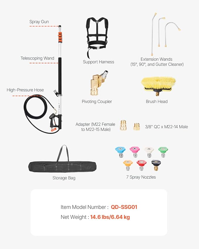 VEVOR Pressure Washer Telescoping Wand, 21 ft, 4000 psi, Telescopic Spray Wand with Power Washer Extension Wands, Gutter Cleaner, Brush Head, Pivoting Coupler, 7 Spray Nozzles and Support Harness