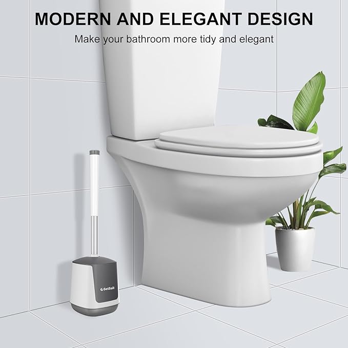 SetSail Toilet Brush and Holder 2 Pack, Self Closing Lid Toilet Bowl Brushes Holder and Extra Long Handle Ventilated Toilet Brush Set for Bathroom Cleaning, Nylon Bristles, White & Grey