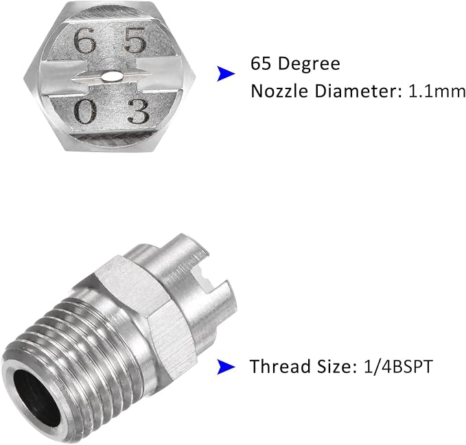 M METERXITY 5-Pack Flat Fan Spray Tip, 65 Degree 1/4BSPT Male Stainless Steel Pressure Washer Nozzles Cleaner Nozzle Replacement W Sealing Tape for Water Guns (1.1mm Orifice)