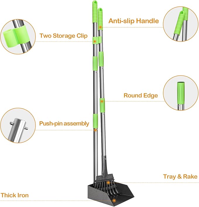 TOOGE Pooper Scooper, Dog Pooper Scooper Long Handle Stainless Metal Tray and Rake for Medium Small Dogs Heavy Duty Pet Supplies to Use for Grass, Dirt or Gravel