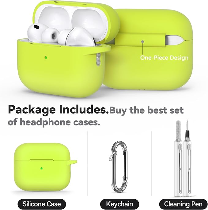 Ljusmicker for AirPods Pro 3 Case 2025 with Cleaner Kit,Fluorescent Green | Soft Silicone Protective Cover for Apple AirPod Pro 3rd Generation Case with Keychain for Women Men,Shockproof