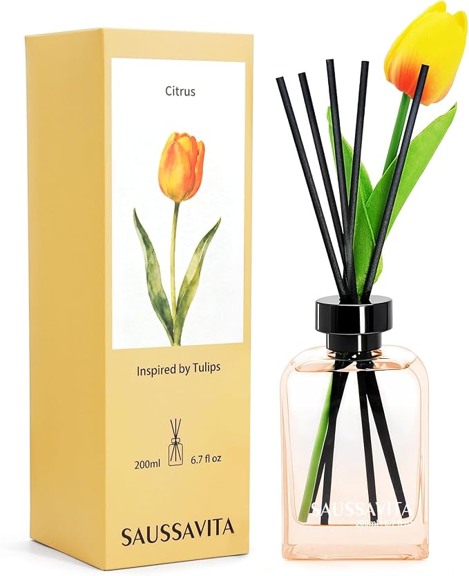 Flower Reed Diffuser Set Citrus Scent 6.76 oz for 120 Days Small Spaces | Floral Scent, Yellow Tulip, Vintage Rectangular Bottle, Long Lasting, Narrow Spaces, Office Shelf Decor,Women's Day Gifts