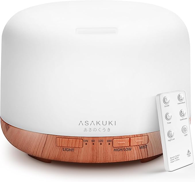 ASAKUKI Essential Oil Diffuser for Home, 500ML Aromatherapy Humidifier | with Remote Control, 7 Color LED Lights, Quiet Cool Mist Diffuser for Bedroom, Living Room, Office (Yellow)