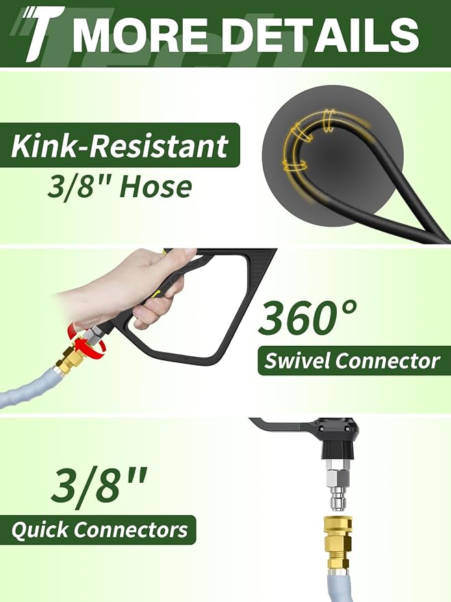 3/8" 4800PSI Pressure Washer Hose 125FT with Swivel Quick Connect for Cold/Hot Water Max 248°F, Kink Resistant Steel Wire Braided, Wear Resistant Power Washer Hose with M22 14mm Adapter