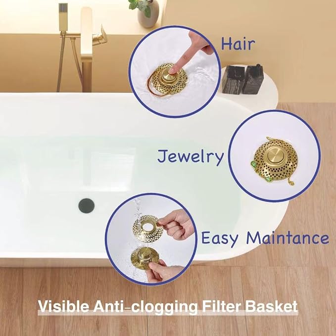 Bathtub Drain Stopper with Removable Hair Catcher, 3-in-1 Pop-up Drain Plug Fits 1.38 to 1.8 Inch Holes, Upgrade Shower Drain Cover with Stainless Steel Filter