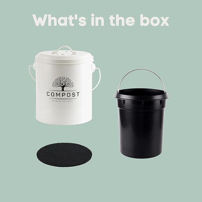 Perfnique 1.3 Gal Kitchen Compost Bin with Lid, Countertop Compost Caddy | Indoor compost bucket with inner bucket liner and carbon filter, compact food waste bin, farmhouse kitchen decor
