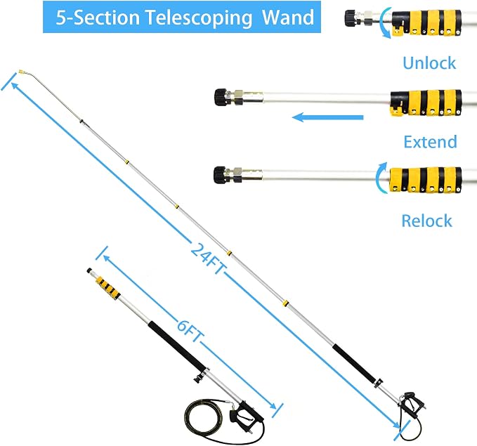 24FT Aluminum Telescoping Pressure Washer Wand with Power Washer Extension Wand, Gutter Cleaner Attachment, Brush Head, 7 Spray Nozzle Tips, Hose Inlet Adapters and Support Harness