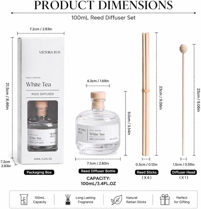 White Tea Reed Diffuser, 3.5 Fl Oz | Long-lasting Fragrance Oil,Air Freshers for Bedroom, Bathroom, Living Room or Office; Gift-ready.