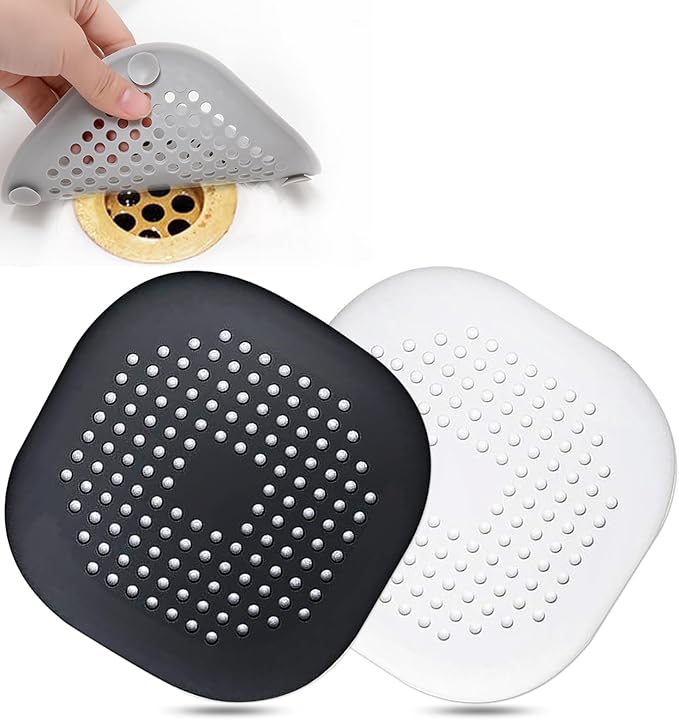 Bovinde Hair Drain Catcher Square for Shower 2 PCS (Ivory White Black) | Drainer Cover Silicone Hair Stopper with Suction Cups,Protector Accessories,Easy to Install Suit for Bathroom,Bathtub,Sink