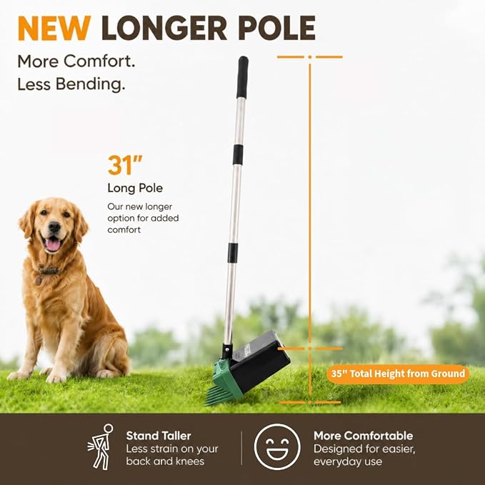 Neater Pet Brands Lift N’ Bag 2.0 Dog Pooper Scooper with Bag Attachment & 31" Pole for Small to Large Dogs, New Longer Pole, 60 Refill Bags, Heavy Duty Dog Poop Scooper for Yard, One-Hand Use