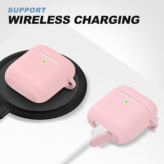 for AirPods Case Cover, Come with Clean Pen，Soft Silicone Protective Cover with Buckle for Women Men Compatible with Apple AirPods 2nd 1st Generation Charging Case, Front LED Visible,Pink
