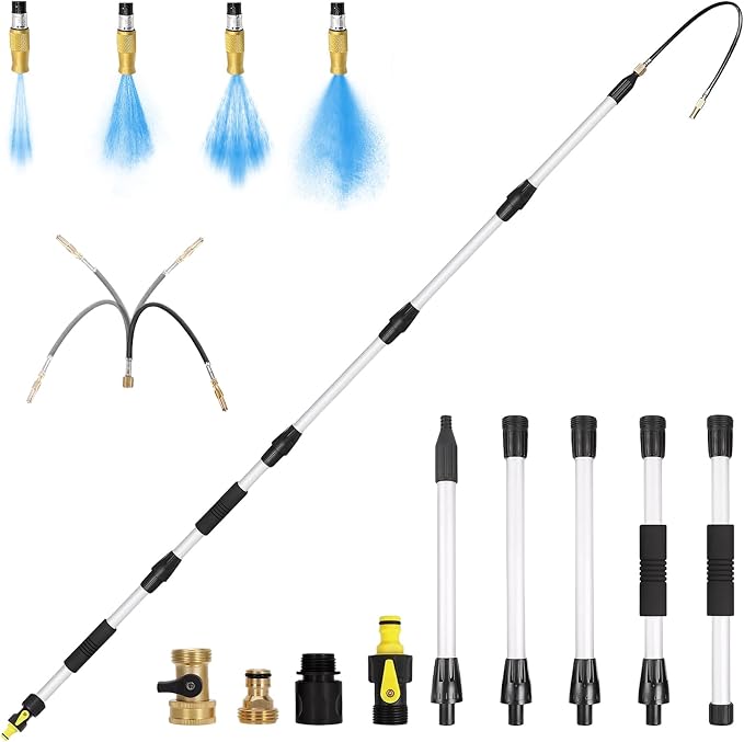 16FT Reach Gutter Cleaner, Gutter Cleaning Tools from the Ground with 3/4" Brass Shut-Off Valve & Bendable 360° Rotating Water Wand, Safe Cleaning for 2-Story Homes