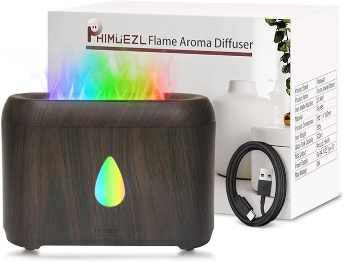 Flame Diffuser for Essential Oils, 200ml Ultrasonic Aroma Diffusers with Cool Mist, Aromatherapy Diffuser with Auto-Off Protection, Small Humidifier for Home,Office,Bedroom,Gift (7 Colors Darkwood)