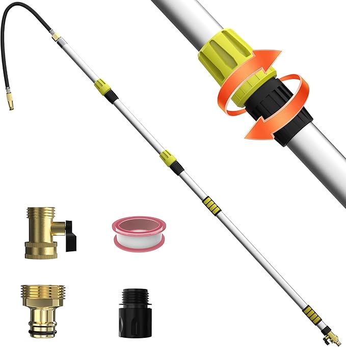 18FT Reach Gutter Cleaning Tool, Gutter Wand with Hose Attachment | Lightweight Rain Gutter Cleaner from the Ground with 4-12FT Aluminum Telescoping Pole, Adjustable Water Flow for Garden Hose