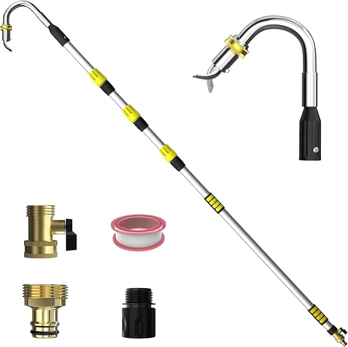 24FT Reach Telescopic Gutter Cleaning Tool, 8-15FT Gutter Cleaner from the ground with 360°Rotatable Duckbill Metal Head, Shut Off Valve, Leak-Proof Gutter Cleaning Wand for Garden Hose