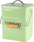 Compost Bin Kitchen Countertop Indoor Compost Pail Bucket, Great for Food Scraps, Carbon Steel, Handles, Green, 1 Gallon - Includes Charcoal Filter