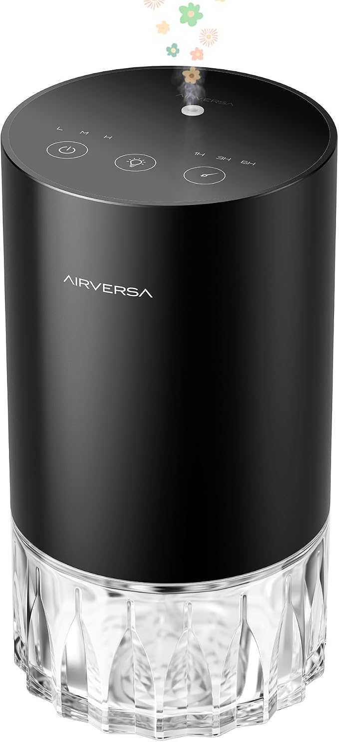 Airversa RD1 Waterless Diffuser for Essential Oil for Home, Room, Black | Up to 600 sq ft, Battery Operated, 100mL Capacity, Multi-mode Ambient Light, Mist Level and Timer Settings, Cold Air
