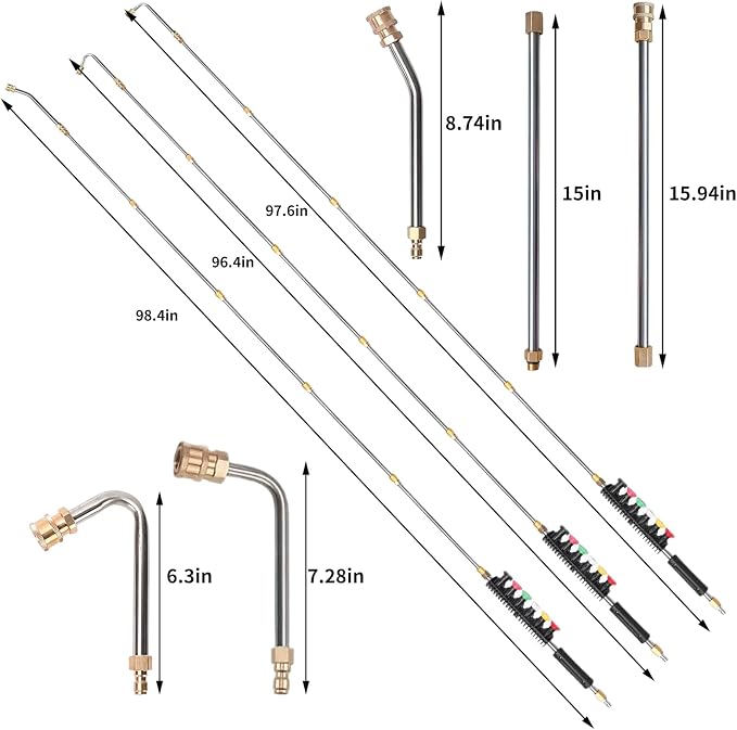 Pressure Washer Extension Wand, Pressure Washer Lance 9 Pack Gutter Cleaning Tools with 6 Spray Nozzle Tips, 30°,90°,120° Curved Rod, 1/4" Quick Connect, 4000 PSI