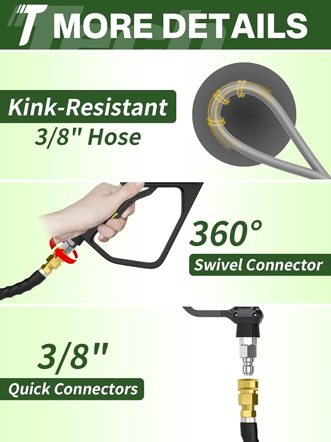 3/8" 4800PSI Pressure Washer Hose 25FT with Swivel Quick Connect for Cold/Hot Water Max 248°F, Kink Resistant Steel Wire Braided, Wear Resistant Power Washer Hose with M22 14mm Adapter