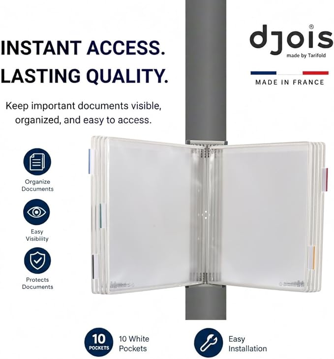 Tarifold Wall Mount Reference System, 10 Pockets, Expandable, White | 10 double-sided PVC pockets hold 20 letter-size sheets, sturdy wall-mount bracket, snap-on index tabs, easy to install