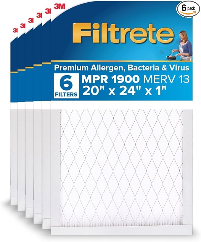 Filtrete 20x24x1 AC Furnace Air Filter, MERV 13, MPR 1900, Premium Allergen, Bacteria & Virus Filter, 3-Month Pleated 1-Inch Electrostatic Air Cleaning Filter, 6-Pack (Actual Size 19.81x23.81x0.78 in)