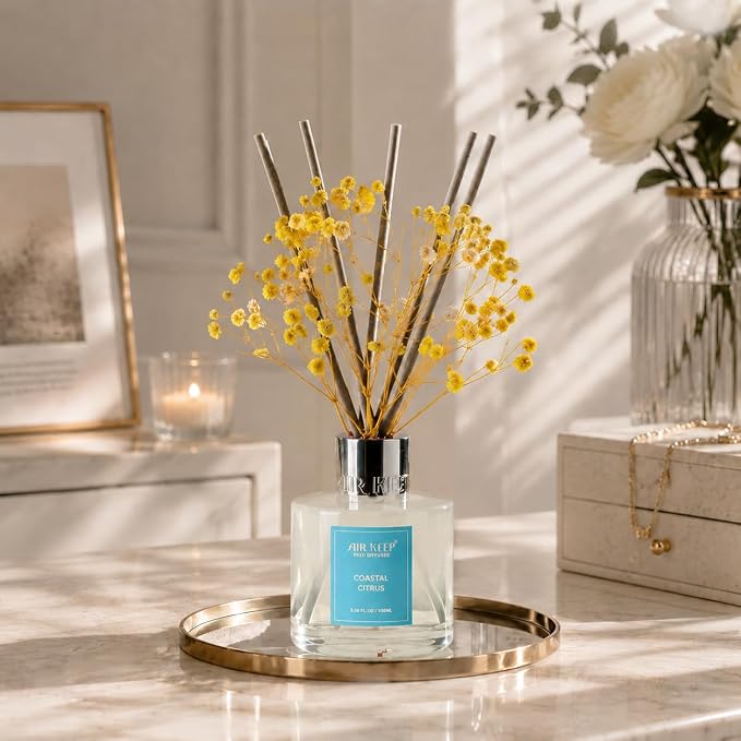 Reed Diffuser Set,3.38 fl oz (100 ml) - Coastal Citrus Oil Diffusers with 8 Reed Sticks, Home Fragrance Reed Diffuser for Bathroom Shelf Decor