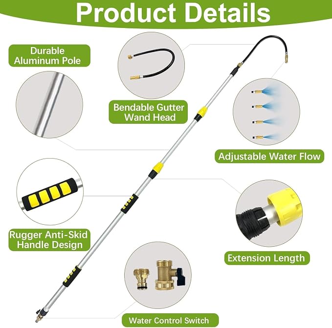 Buyplus 12FT(20FT Reach) Telescopic Gutter Cleaning Tools from the Ground, Long Reach Gutter Cleaner Wand with Hose Attachment, Rain Gutter Cleaner Tool with Extension Pole for 2nd Story House