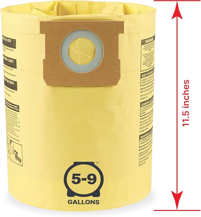 Shop-Vac 9067133 High Efficiency Disposable Vacuum Filter Bags (2-Pack) | Fits 5-9 Gallon Tanks, Enhanced Filtration and Dust Control