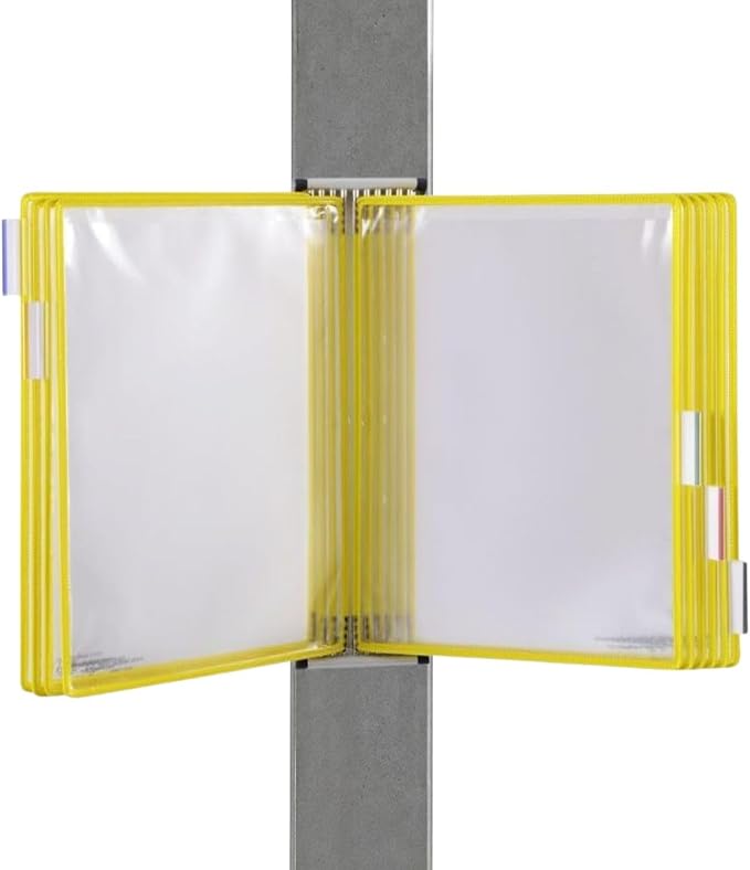 Tarifold Wall Mount Reference System, 10 Pockets, Expandable, Yellow | 10 double-sided PVC pockets hold 20 letter-size sheets, sturdy wall-mount bracket, snap-on index tabs, easy to install