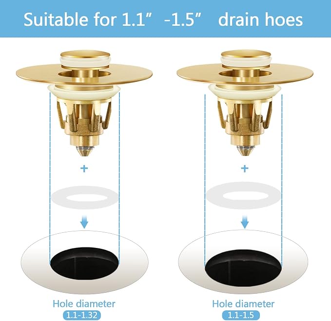 Gold Bathroom Sink Stopper – Pop Up Drain Stopper & Strainer, 2-in-1 Universal Sink Stopper, Compatible with 1.1" to 1.5" Bathroom Sink Drain Pipes, Gold Matte Brushed Finish