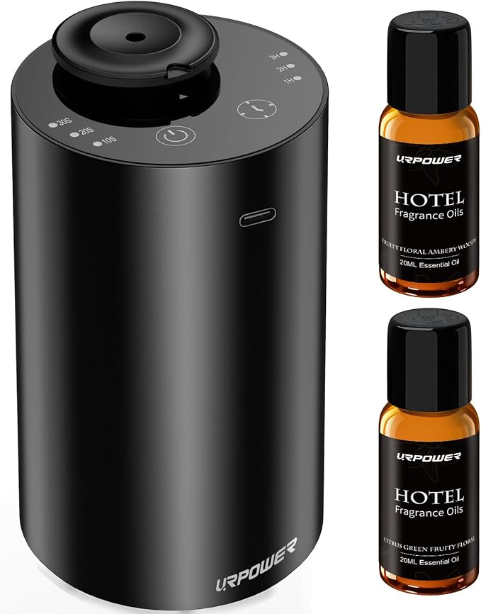 URPOWER Waterless Essential Oil Diffuser Cordless Mini Scent Diffuser 20mL | Includes 2 x 20mL Hotel-Inspired Essential Oils, Rechargeable Aluminum Waterless Diffuser for Car, Home & Office, Black