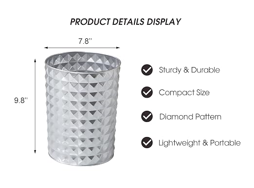 Venalys Small Round Metal Trash Can Wastebasket, Decorative Diamond Pattern Garbage Can Waste Paper Bin, Modern Farmhouse Round Trash Bin for Bathroom, Bedroom, Kitchen and Office (Silver)
