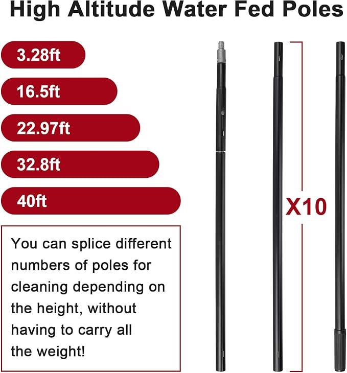 40ft Water Fed Pole Kit, Rotatable Solar Panel Cleaning Brush & Squeegee, 2 Dusting Brushes, Extendable Black Lightweight Pole for Roof Window