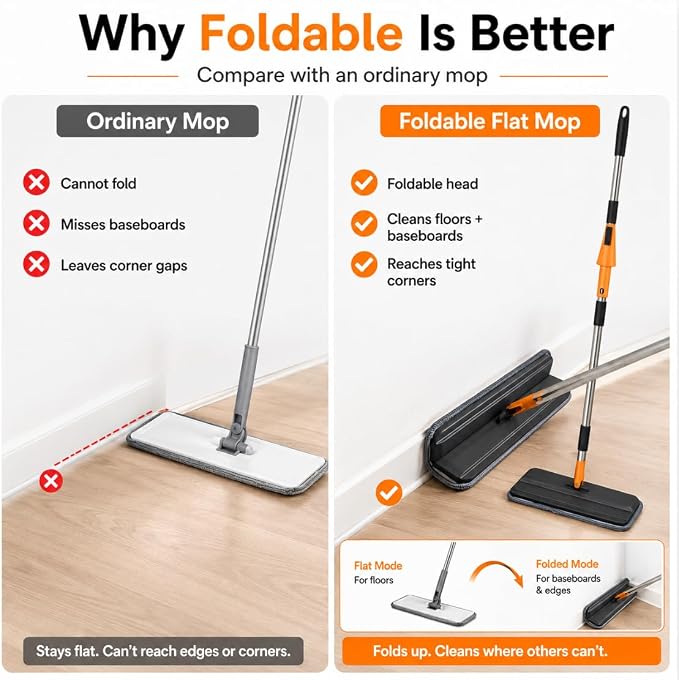 Microfiber Flat Mop for Floor Cleaning, Foldable Floor Mop with 2 Washable Pads & Hair Removal Comb, Adjustable Long Handle Dust Mop for Hardwood Tile Laminate, Wet & Dry Baseboard Cleaner
