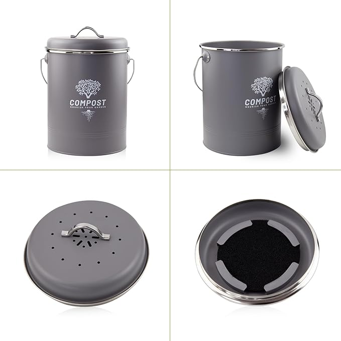 Kitchen Countertop Compost Bin, Odor Resistant Indoor Compost Bin with Lid and Charcoal Filter, Rust Resistant Coated Compost Bucket, Compost Container, Gray