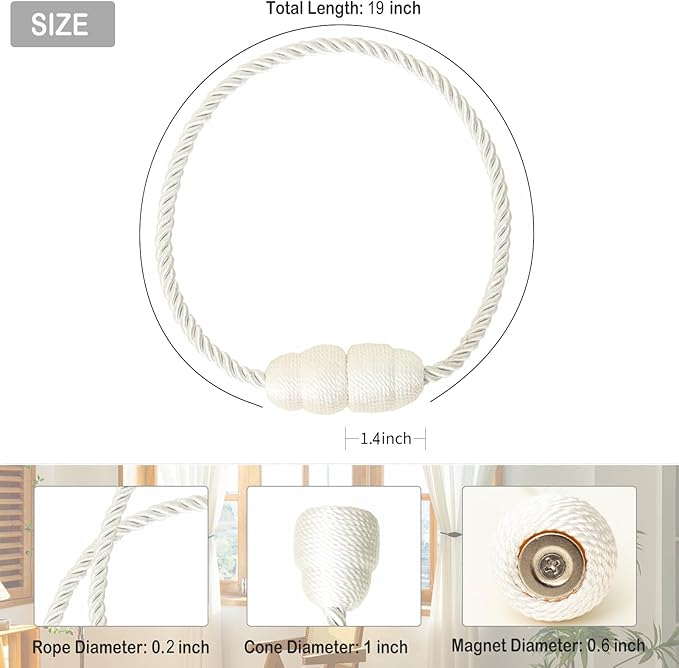 Magnetic Curtain Tiebacks Rope Curtain Tie Backs for Curtains 8 Pack Curtain Holders for Drapes Decorative Window Curtain Holdbacks, White