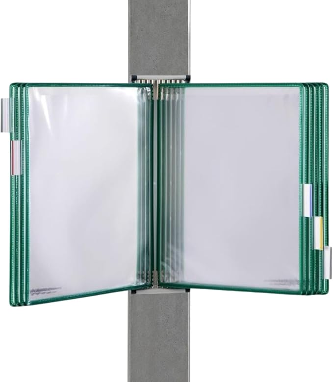 Tarifold Wall Mount Reference System, 10 Pockets, Expandable, Green | 10 double-sided PVC pockets hold 20 letter-size sheets, sturdy wall-mount bracket, snap-on index tabs, easy to install