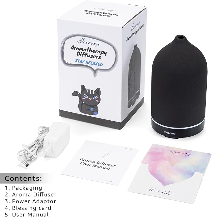 200ML Ceramic Essential Oil Diffuser for Home, Stone Diffuser | Ultrasonic Aromatherapy Diffuser & Air Humidifier for Bedroom, Office, Yoga, 7 LED Lights, Auto Shut-Off, 3 Timers, Black