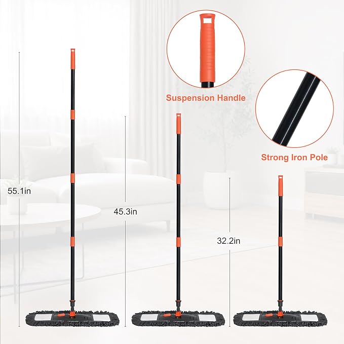 18" Dust Mop Floor Cleaning System, Flat Mop with Stainless Steel Handle, 3 Different Washable Pads Wet and Dust Mopping for Hardwood, Vinyl, Laminate, Tile Cleaning