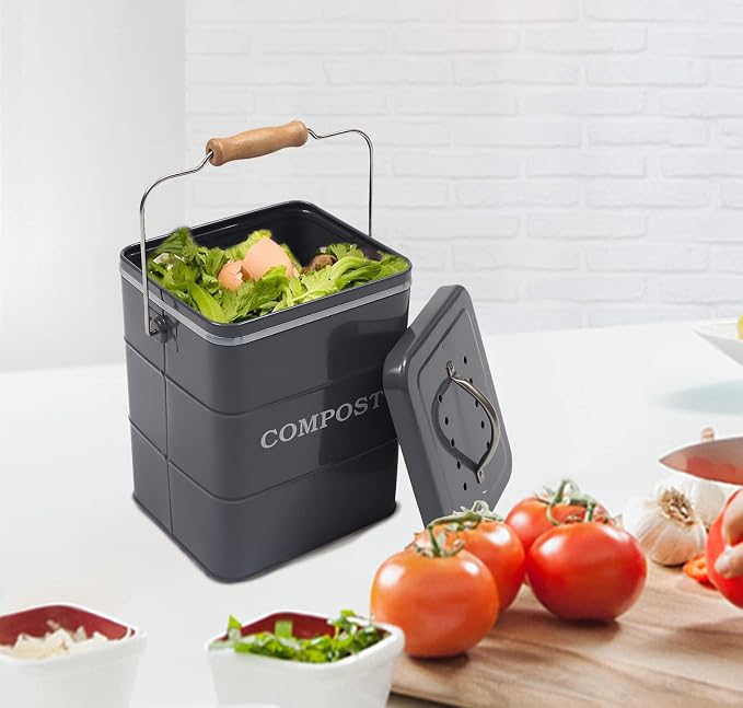 Compost Bin Kitchen Countertop Indoor Compost Pail Bucket, Great for Food Scraps, Carbon Steel, Handles, Gray, 1 Gallon - Includes Charcoal Filter