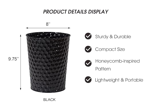 Venalys Small Metal Trash Can Wastebasket, Decorative Honeycomb Garbage Can Waste Basket, Modern Farmhouse Round Trash Bin for Bathroom, Bedroom, Kitchen and Office (Black)