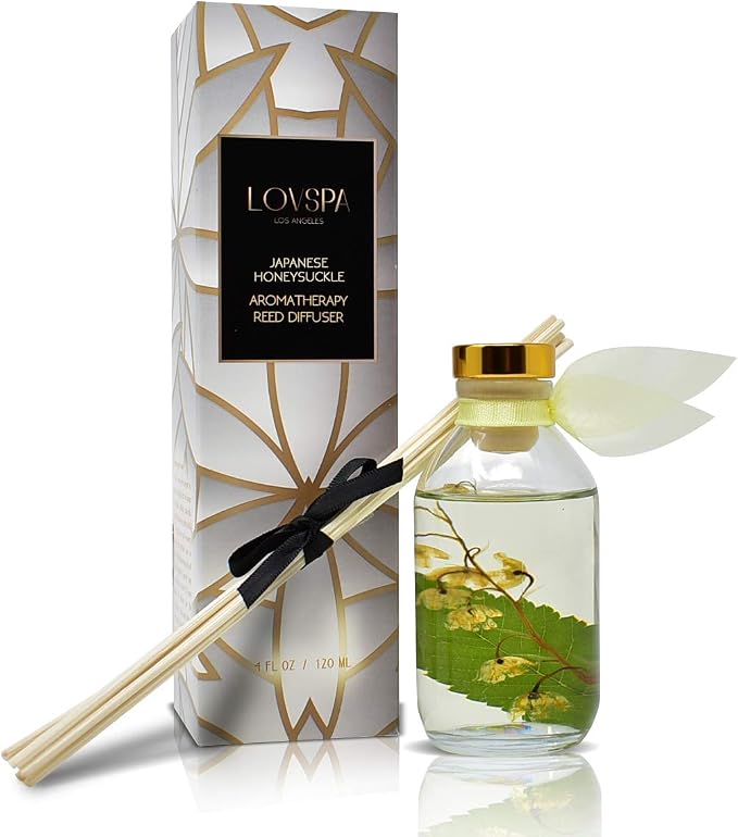 Reed Diffuser Set - Japanese Honeysuckle Scented Diffuser with Sticks | Home Fragrance Reed Diffuser for Bedroom, Bathroom Shelf Décor, with Real Florals in the Bottle - Made in the USA